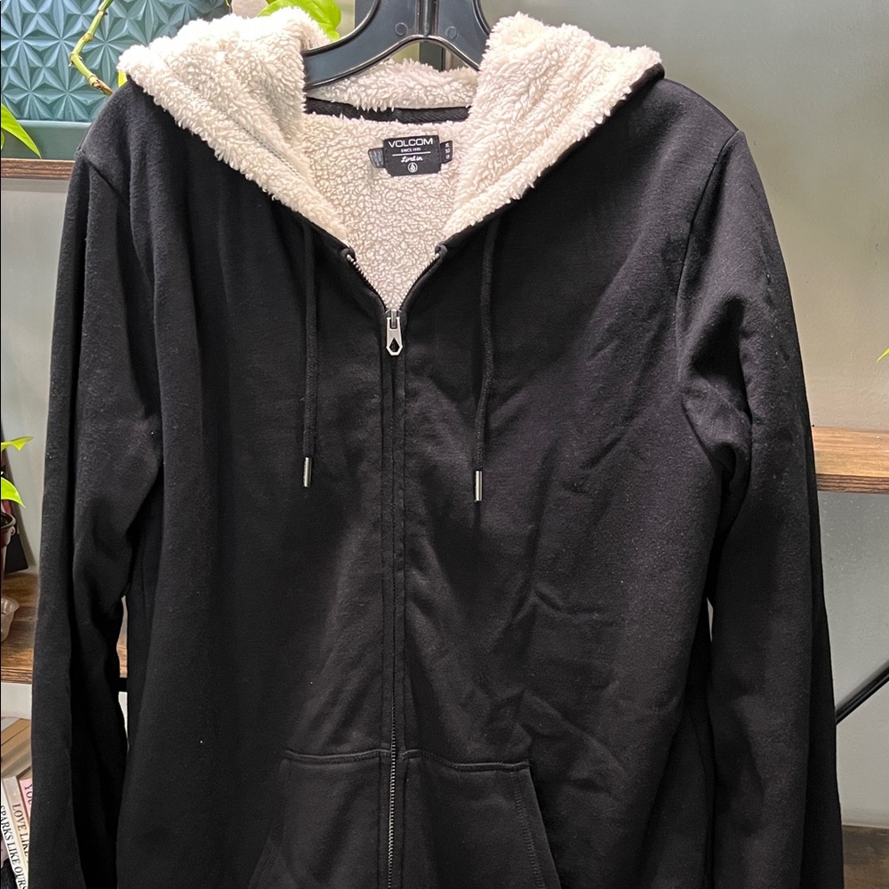 Volcom Black Zip-Up Hoodie with Cream Fleece